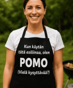 Esiliina Pomo keittiössä hauskalla painatuksella lahjaksi kotikokille