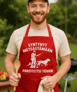 Esiliina Syntynyt metsästämään hauskalla tekstillä SYNTYNYT METSÄSTÄMÄÄN PAKOTETTU TÖIHIN