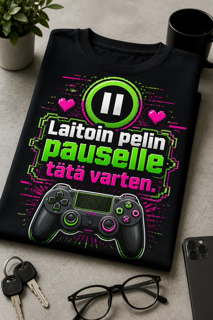 Musta gamer t-paita, jossa lukee Laitoin pelin pauselle tätä varten ja keskellä on suuri pause-ikoni sekä peliohjain neonvihreällä ja magentalla.