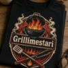 Vintage barbecue -henkinen t-paita tekstillä Grillimestari, jossa grillibadge, liekit, työkalut ja savukiehkuroita.