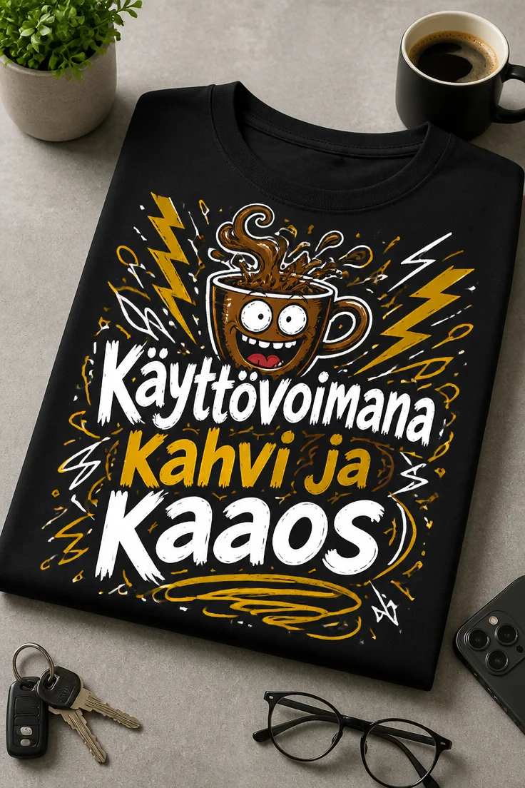 Hauska kahvi t-paita, jossa lukee Käyttövoimana kahvi ja kaaos. Kuvassa kahvikuppi, salamat ja sekava käsin piirretty tyyli.