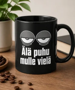 Minimalistinen hauska muki, jossa on uniset puoliksi auki olevat silmät ja teksti Älä puhu mulle vielä.