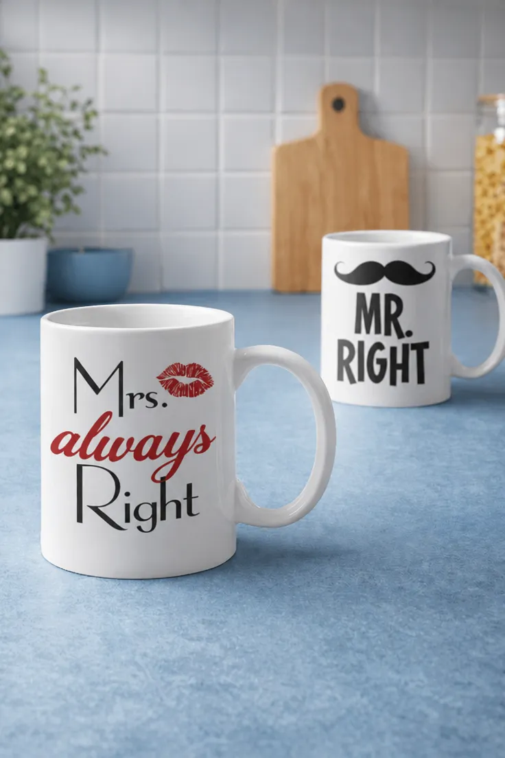Hauska muki Mr ja Mrs Right humoristisella MR. Mrs. always Right RIGHT -painatuksella