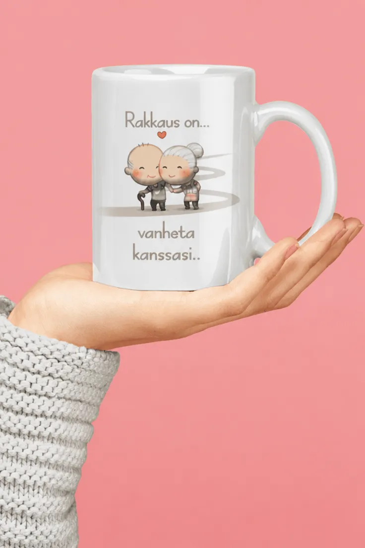 Hauska muki Rakkaus on vanheta yhdessä romanttisella tekstiprintillä