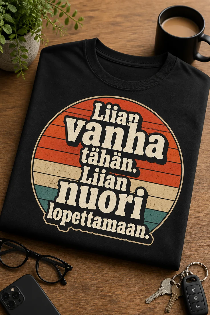 Hauska synttäripaita tekstillä Liian vanha tähän. Liian nuori lopettamaan. Retrotyylinen unisex T-paita syntymäpäivälahjaksi.