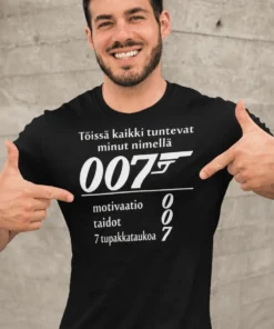 Hauska t-paita 007 töissä, humoristinen työaiheinen printtipaita lahjaksi