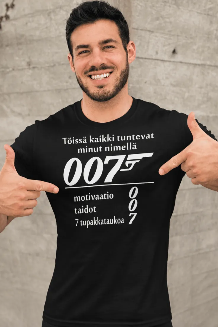 Hauska t-paita 007 töissä, humoristinen työaiheinen printtipaita lahjaksi