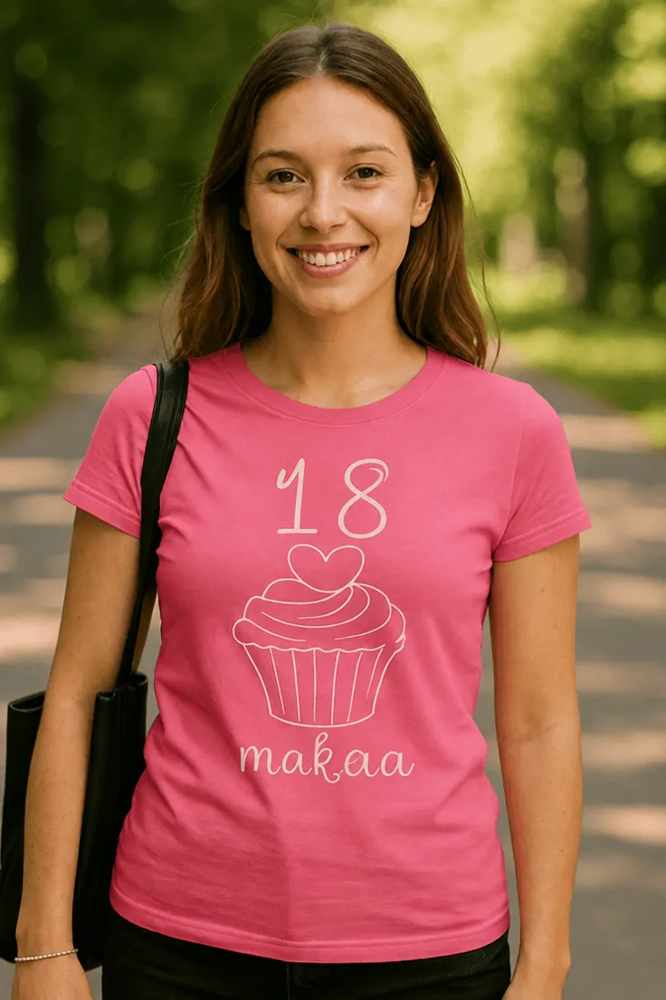 Hauska t-paita 18 makeaa, jossa teksti 18 makeaa