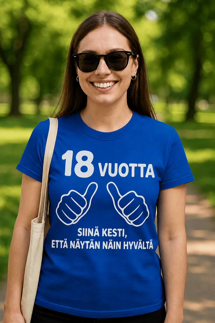 Hauska t-paita 18 vuotta näin hyvältä, synttärilahja 18-vuotiaalle hauskalla painatuksella