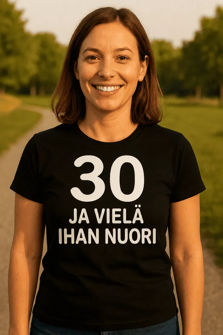Hauska t-paita 30 ja vielä nuori, jossa teksti 30 JA VIELÄ IHAN NUORI.