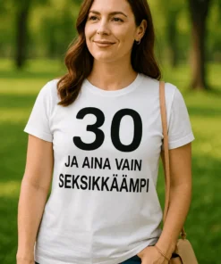 Hauska t-paita 30 ja yhä seksikkäämpi syntymäpäivälahjaksi