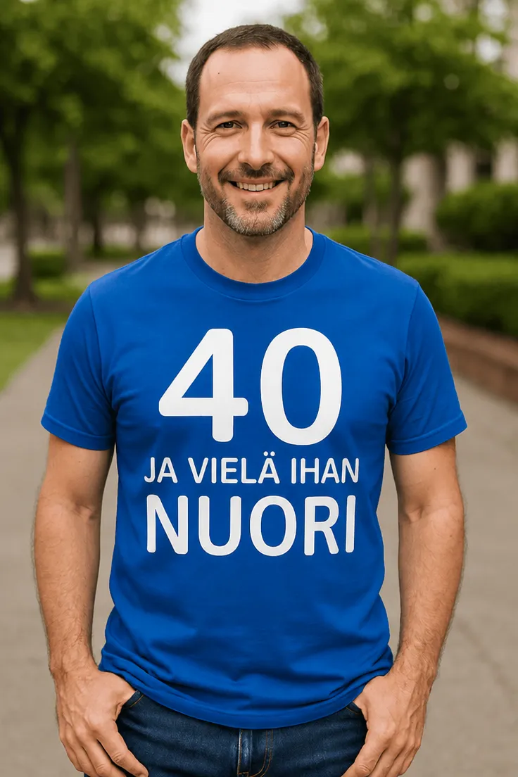 Hauska t-paita 40 ja vielä nuori, jossa teksti 40 JA VIELÄ IHAN NUORI.