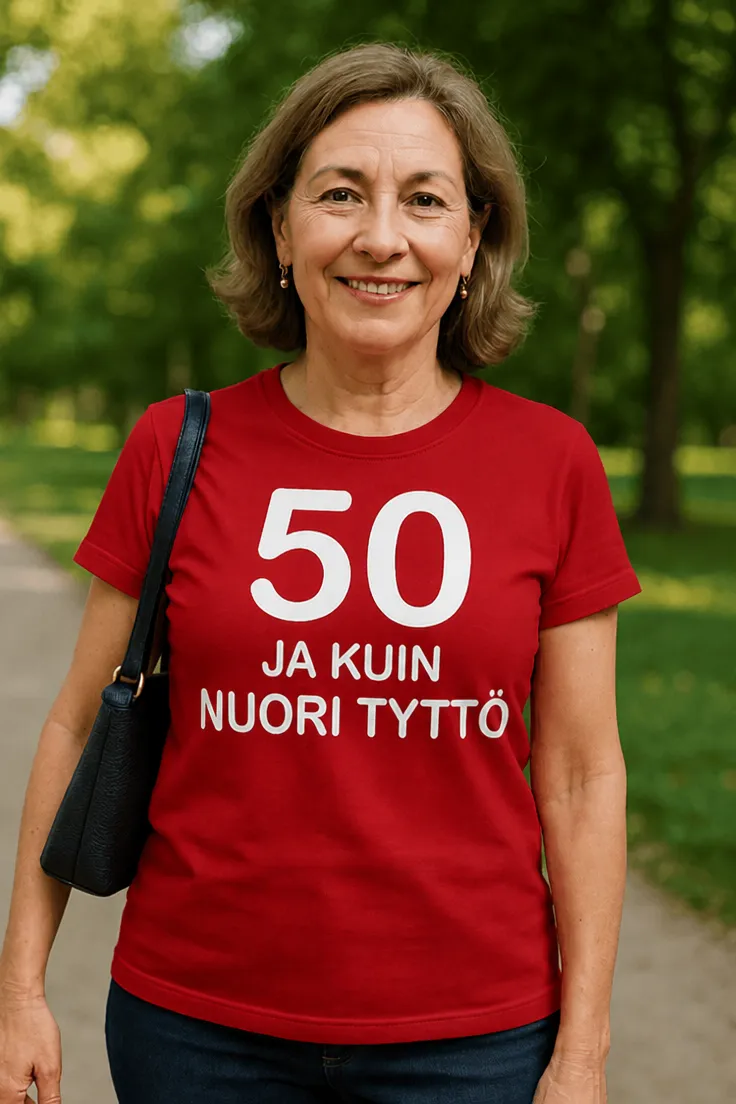 Hauska t-paita 50 ja kuin nuori tyttö, humoristinen lahjapaita 50-vuotiaalle