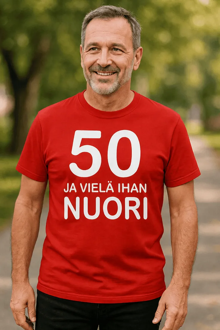 Hauska t-paita 50 ja vielä nuori, painatuksella 50 JA VIELÄ IHAN NUORI.