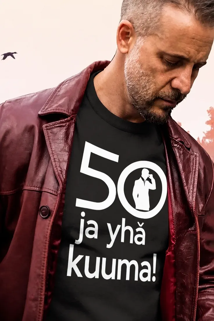 Hauska t-paita 50 ja yhä kuuma lahjaksi 50-vuotiaalle, painatuksella 50 ja yhä kuuma!