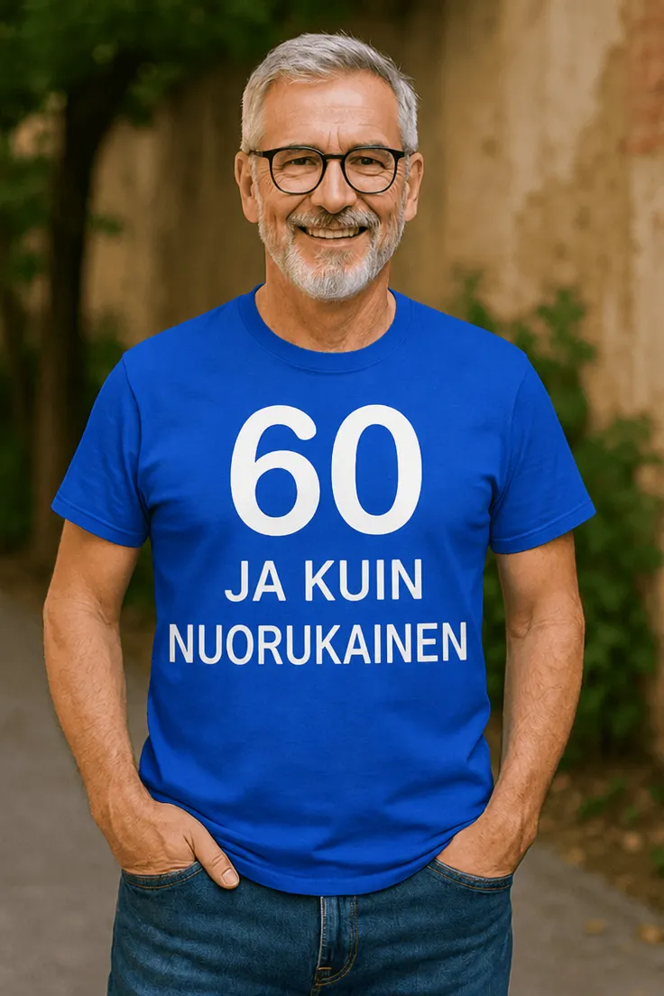 Hauska t-paita 60 ja kuin nuorukainen hauskalla synttärilahjaidealla