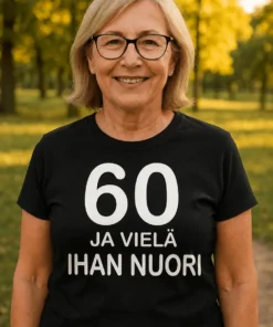 Hauska t-paita 60 ja yhä nuori lahjaksi, painatuksella 60 JA VIELÄ IHAN NUORI