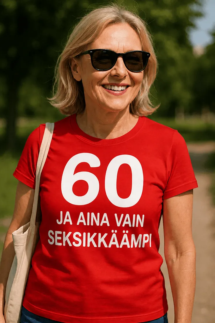 Hauska t-paita 60 ja yhä seksikkäämpi, jossa teksti 60 JA AINA VAIN SEKSIKKÄÄMPI.