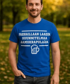 Hauska t-paita Aamukrapulan suunnitelma, jossa teksti PARHAILLAAN LAADIN SUUNNITELMAA AAMUKRAPULAAN..