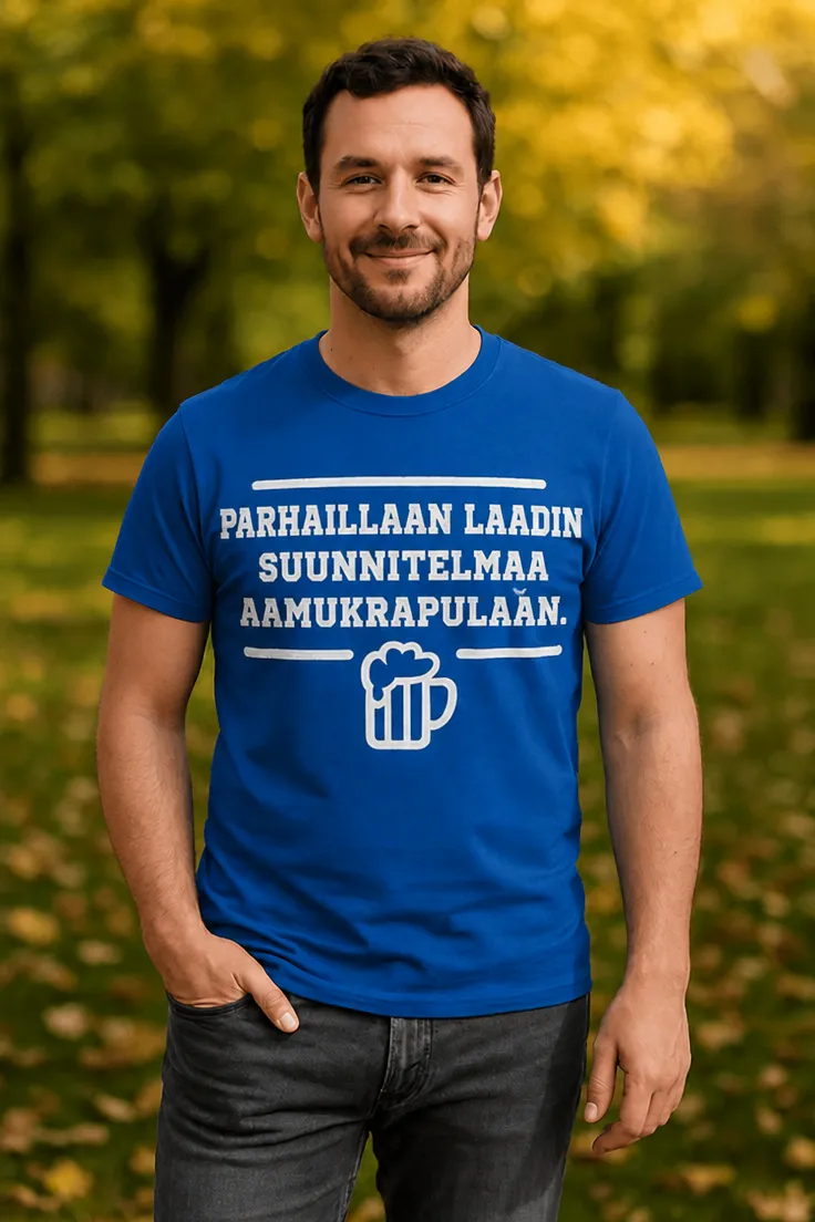 Hauska t-paita Aamukrapulan suunnitelma, jossa teksti PARHAILLAAN LAADIN SUUNNITELMAA AAMUKRAPULAAN..