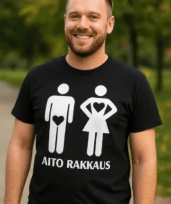 Hauska t-paita Aito rakkaus, jossa teksti AITO RAKKAUS