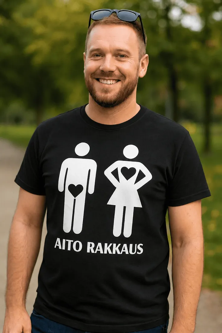 Hauska t-paita Aito rakkaus, jossa teksti AITO RAKKAUS