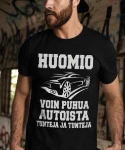 Hauska t-paita Autoista tuntikausia, jossa teksti HUOMIO VOIN PUHUA AUTOISTA TUNTEJA JA TUNTEJA.