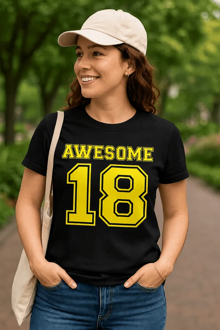 Hauska t-paita Awesome 18, jossa teksti AWESOME 18