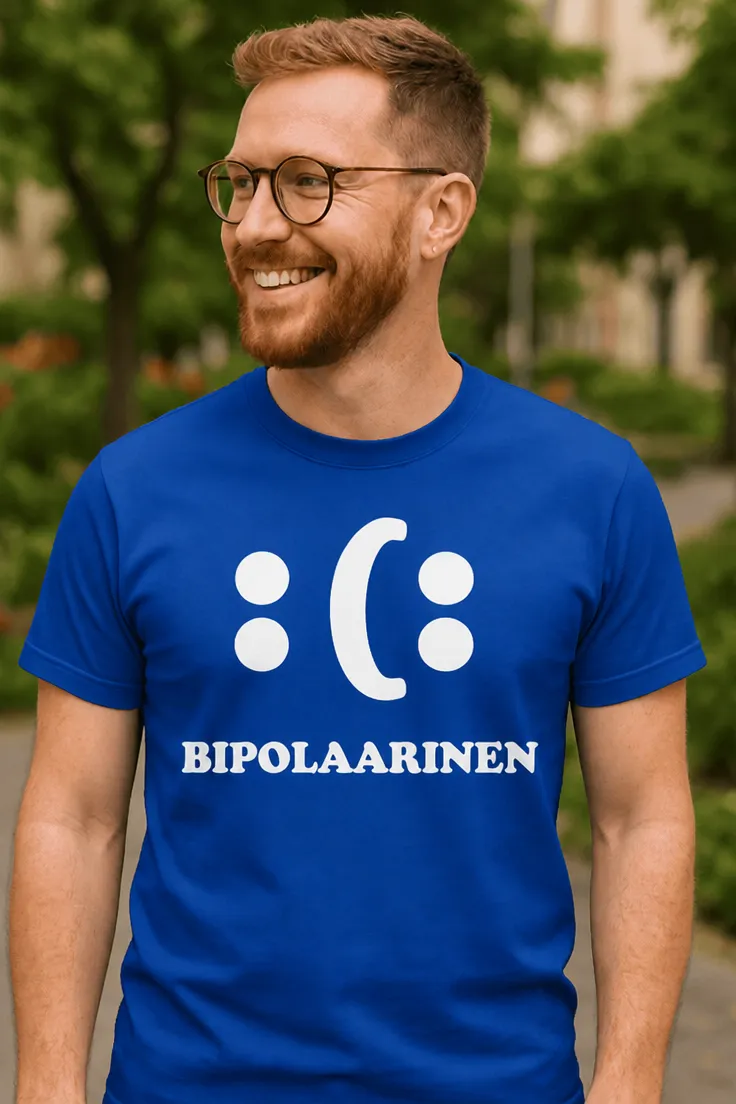 Hauska t-paita Bipolaarinen, jossa teksti BIPOLAARINEN