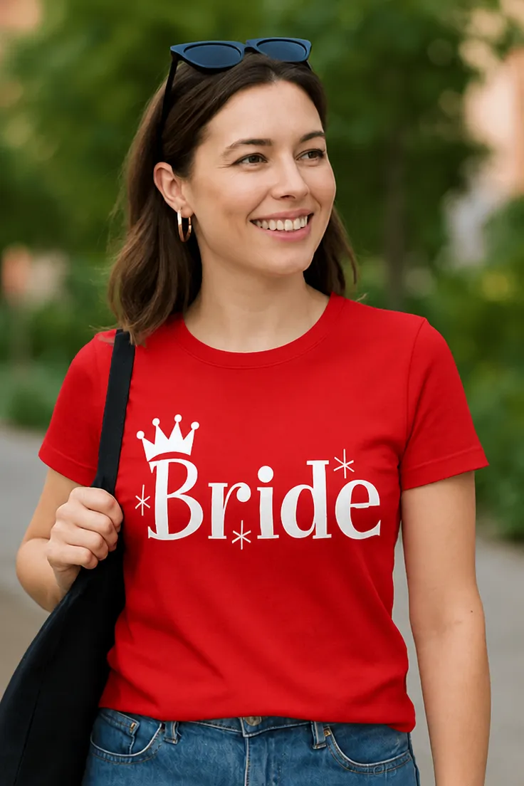Hauska t-paita Bride kruunulla, jossa teksti Bride ja kruunugrafiikka