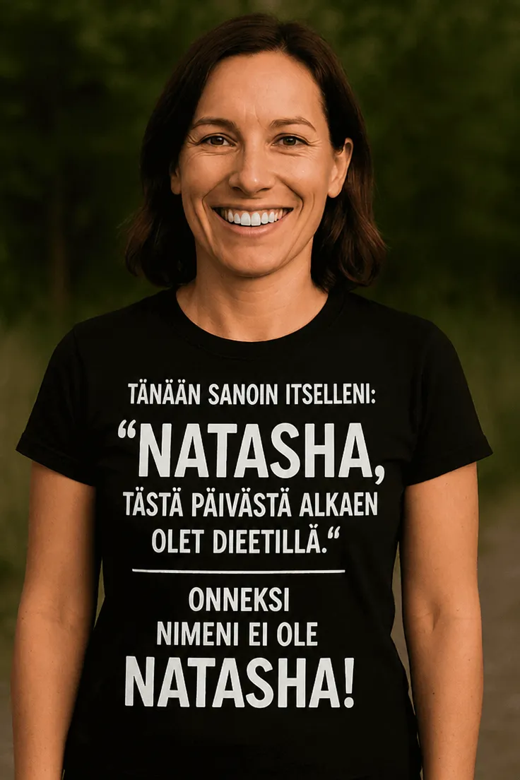 Hauska t-paita Dieetti nimellä, jossa humoristinen Natasha-aiheinen painatus
