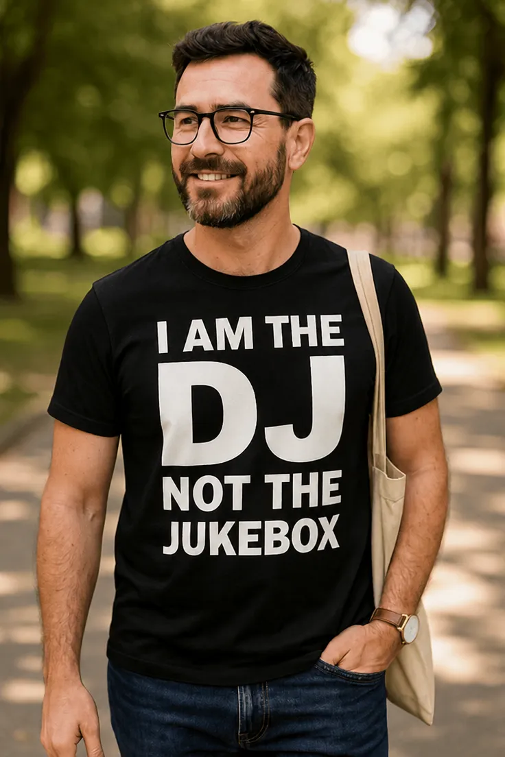 Hauska t-paita Dj ei jukeboksi tekstillä I AM THE DJ NOT THE JUKEBOX