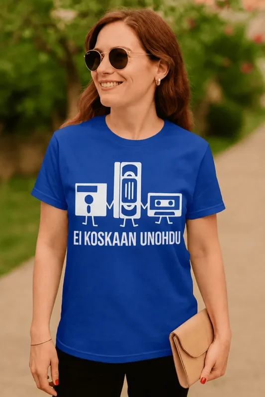 Hauska t-paita Ei koskaan unohdu tekstillä EI KOSKAAN UNOHDU
