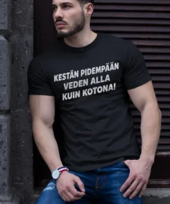 Hauska t-paita En kestä kotona lahjaksi, painatuksella KESTÄN PIDEMPÄÄN VEDEN ALLA KUIN KOTONA!