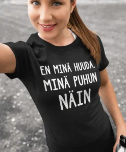 Hauska t-paita En minä huuda hauskalla EN MINÄ HUUDA. MINÄ PUHUN NÄIN. -tekstillä