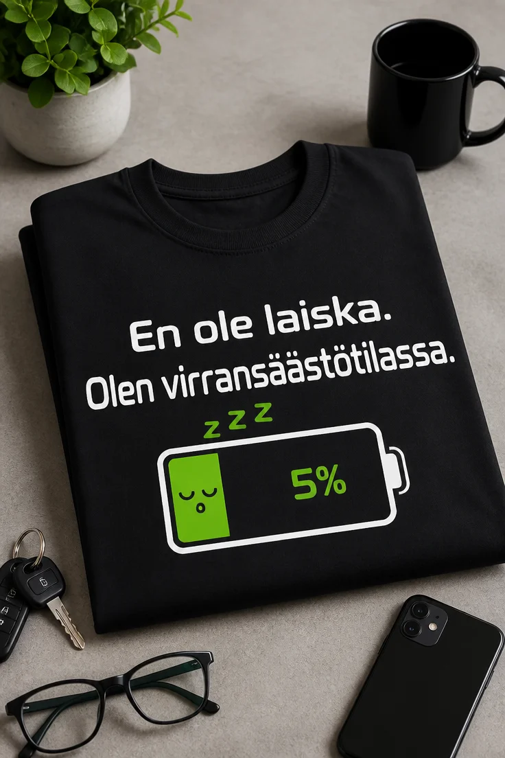 Hauska t-paita, jossa lukee En ole laiska. Olen virransäästötilassa. ja vihreä 5 prosentin akku-unikuva.