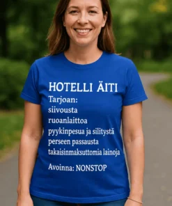Hauska t-paita Hotelli äiti, jossa teksti HOTELLI ÄITI ja humoristinen äitiaiheinen painatus