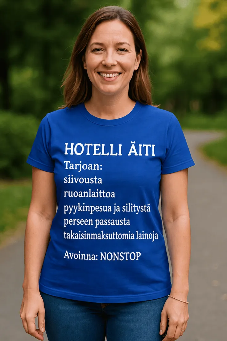 Hauska t-paita Hotelli äiti, jossa teksti HOTELLI ÄITI ja humoristinen äitiaiheinen painatus