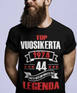 Hauska t-paita Huippuvuosikerta lahjaksi, painatuksella TOP VUOSIKERTA 1978 44 VUOTTA SIITÄ KUN MINUSTA TULI LEGENDA.