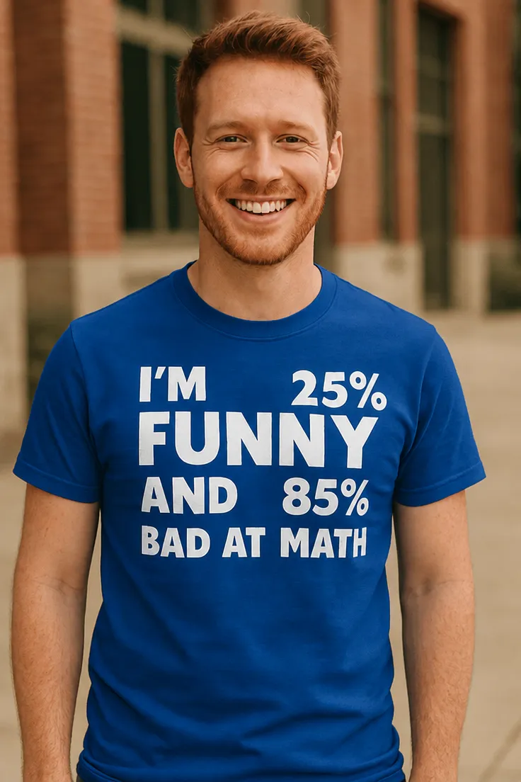 Hauska t-paita Huono matematiikassa humoristisella tekstillä I'M 25% FUNNY AND 85% BAD AT MATH