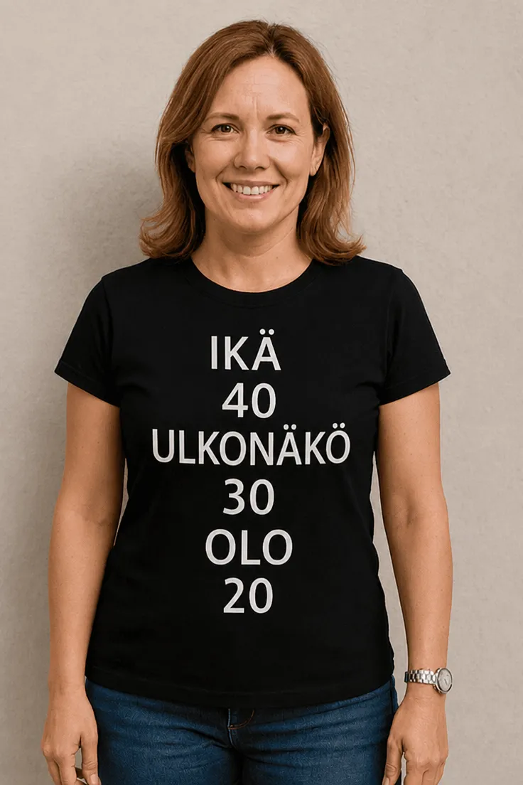 Hauska t-paita Ikä 40 olo 20 humoristisella synttäriprintillä lahjaksi