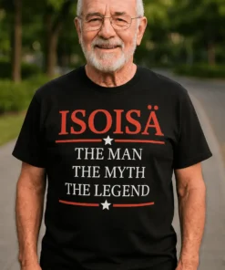 Hauska t-paita Isoisä legenda, jossa teksti ISOISÄ THE MAN THE MYTH THE LEGEND