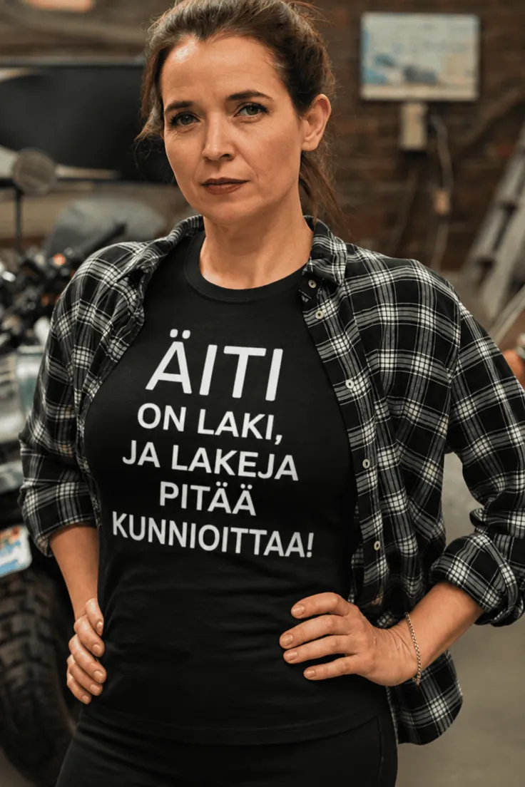 Hauska t-paita Äiti on laki, jossa teksti ÄITI ON LAKI, JA LAKEJA PITÄÄ KUNNIOITTAA!