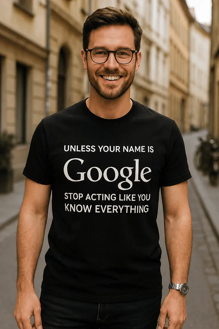 Hauska t-paita Kaikkitietävä Google humoristisella toimistoteemalla