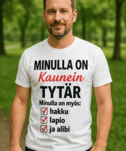 Hauska t-paita Kaunein tytär ja alibi, jossa teksti MINULLA ON Kaunein TYTÄR Minulla on myös: hakku ✓ lapio ja alibi.