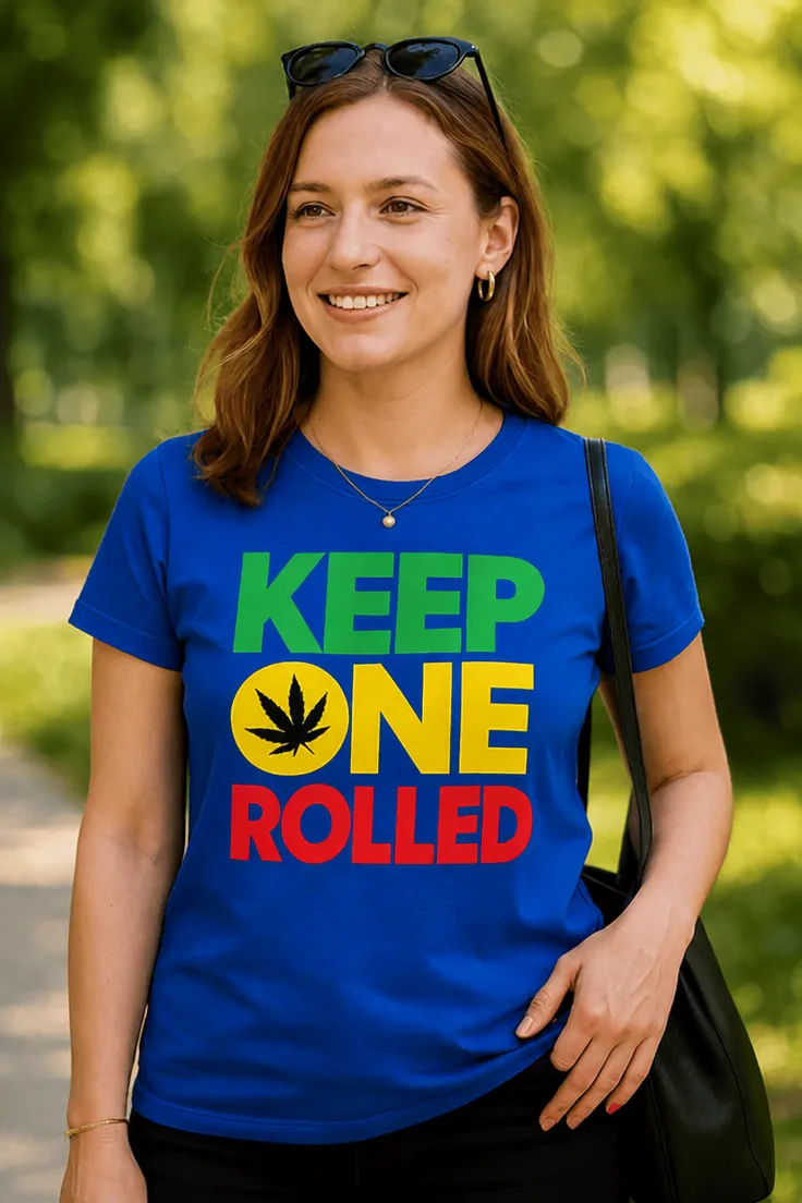 Hauska t-paita Keep one rolled rastatyyli humoristisella KEEP ONE ROLLED -painatuksella