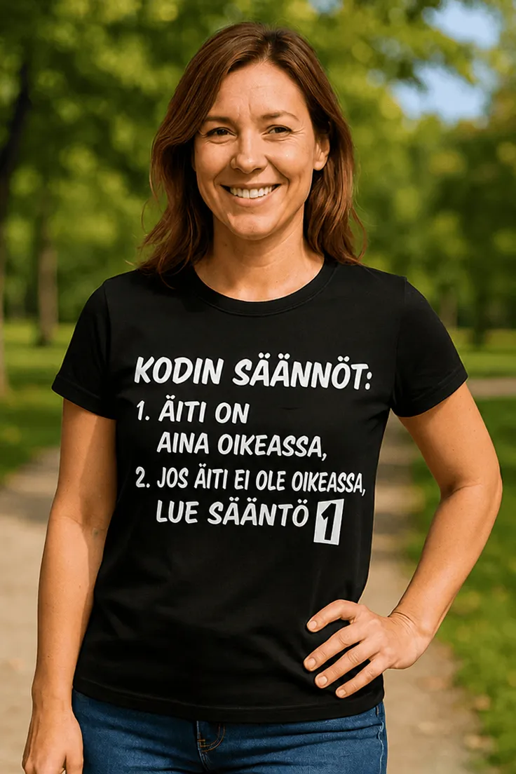 Hauska t-paita Kodin säännöt äidille humoristisella äitiaiheisella designilla
