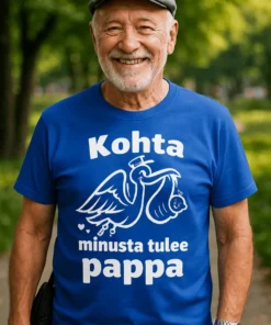 Hauska t-paita Kohta minusta tulee pappa, jossa teksti Kohta minusta tulee pappa