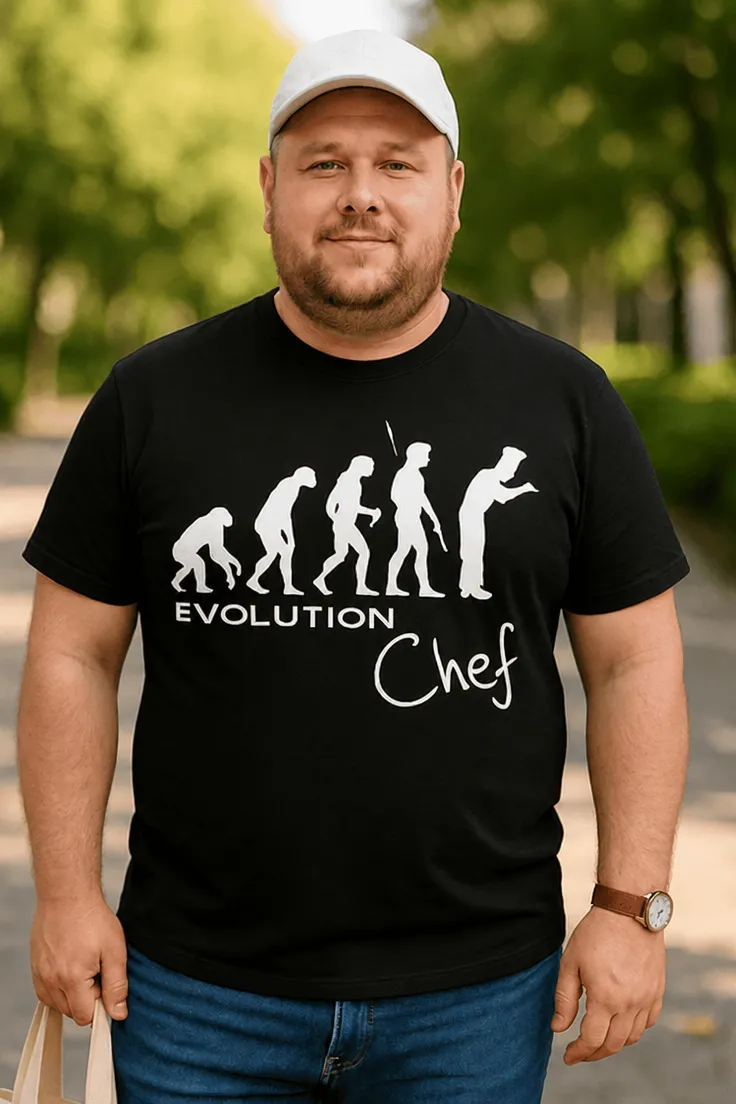 Hauska t-paita Kokin evoluutio humoristisella EVOLUTION Chef -painatuksella