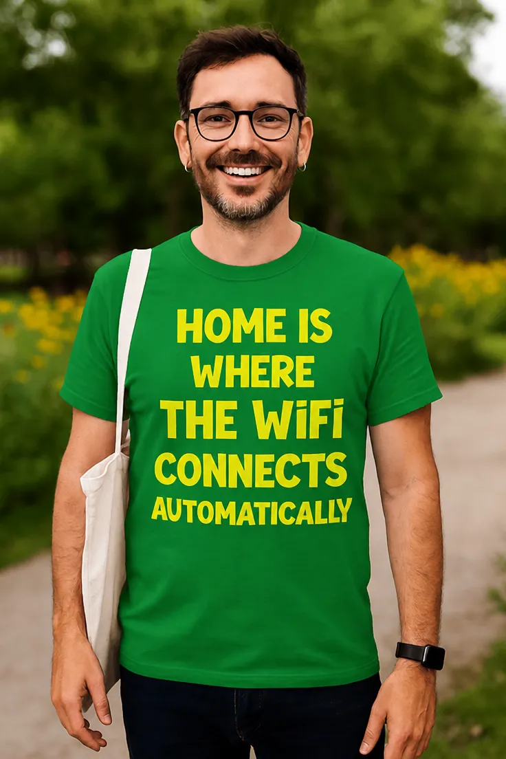 Hauska t-paita Koti wifi, jossa teksti HOME IS WHERE THE WiFi CONNECTS AUTOMATICALLY